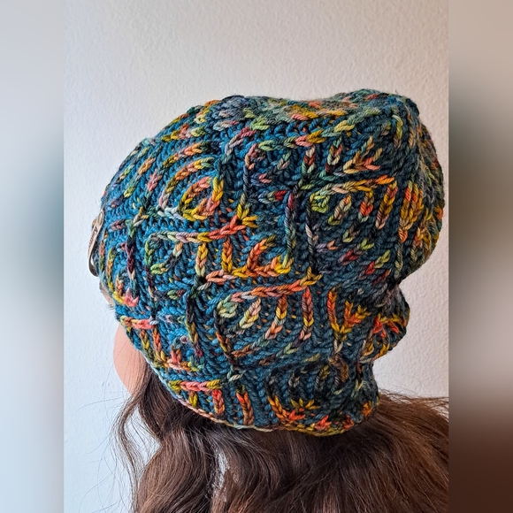 Knit Hat Warm Hand Dyed Soft Wool Green Multicolor Striped Brioche Stocking Cap - Picture 7 of 13